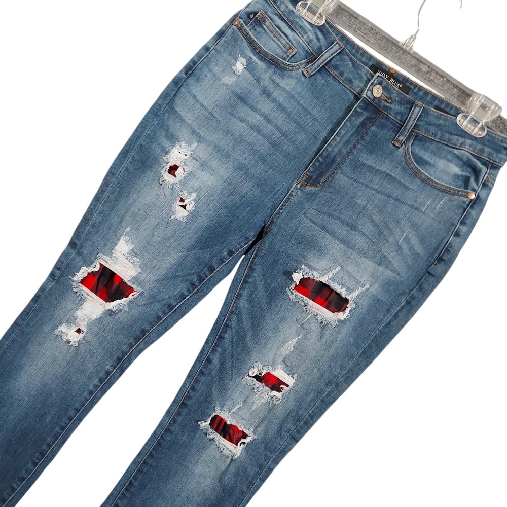Judy Blue Jeans Womens 30x27 Skinny Fit Blue Distressed Plaid Patchwork Ripped